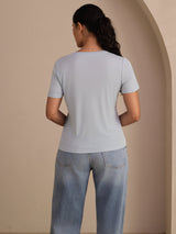 [Bleu Grisâtre] SilkSilky-FR Short Sleeve V Neck Femme T-Shirt 002