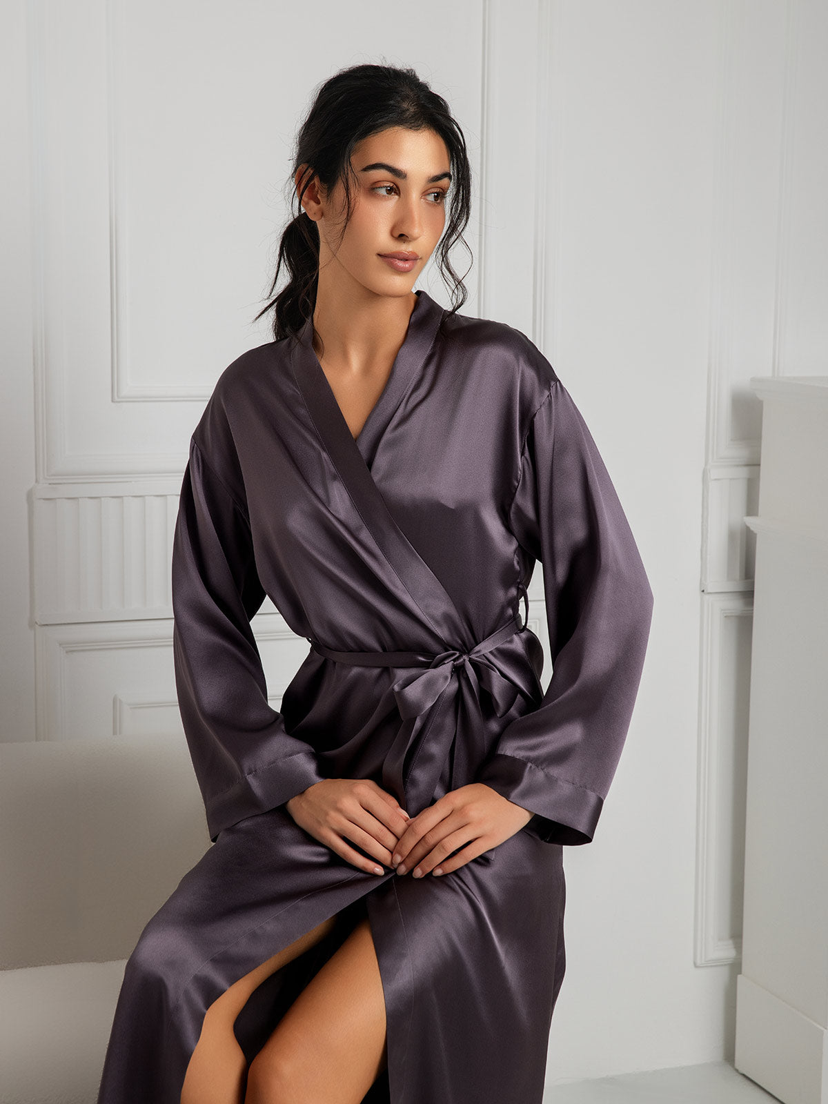 SilkSilky-FR Pure Soie Manches longues Womens Robe GrisPourpre 006