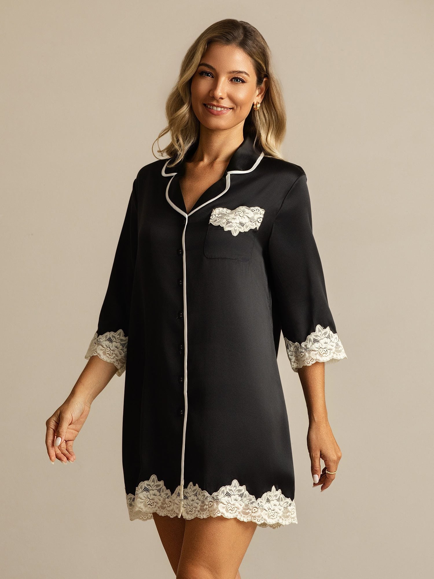 [Noir] SilkSilky-FR Soie Col Chemise Chemise pour dormir 007
