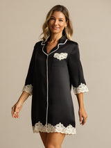 [Noir] SilkSilky-FR Soie Col Chemise Chemise pour dormir 007