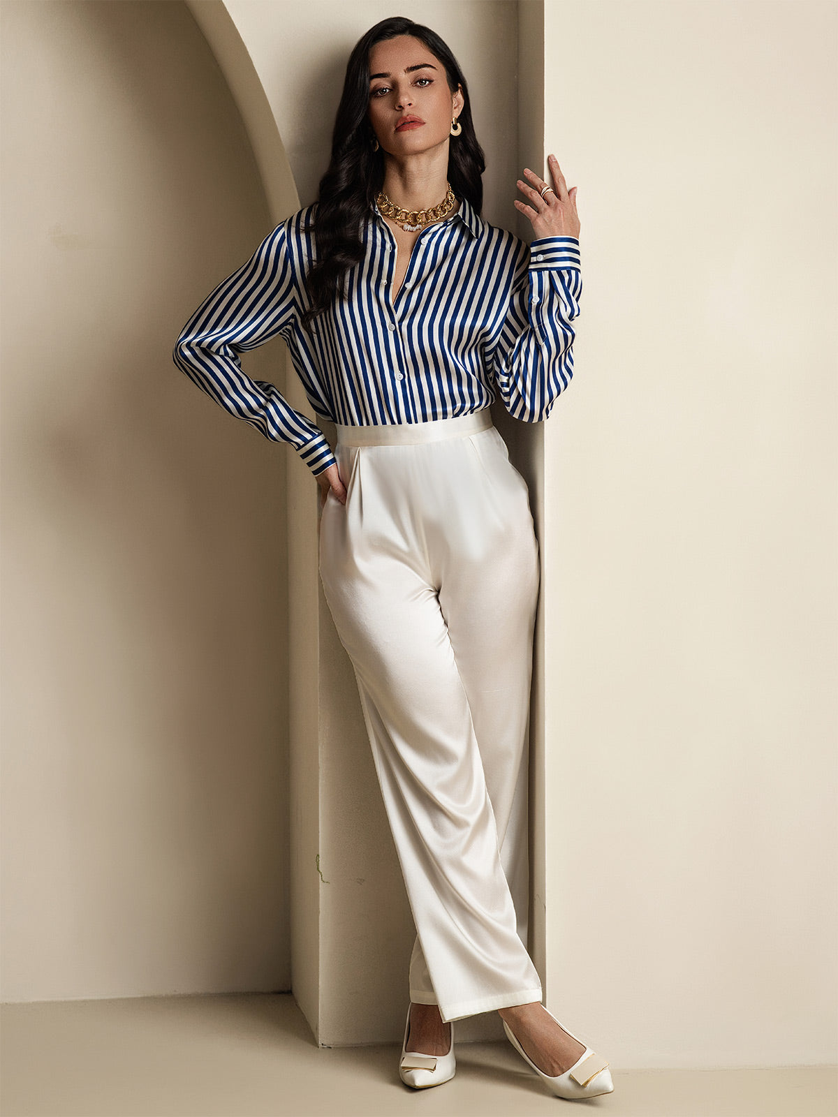 [Rayure Marine] SilkSilky-FR Soie Manches longues Col Chemise Femme Chemise 009