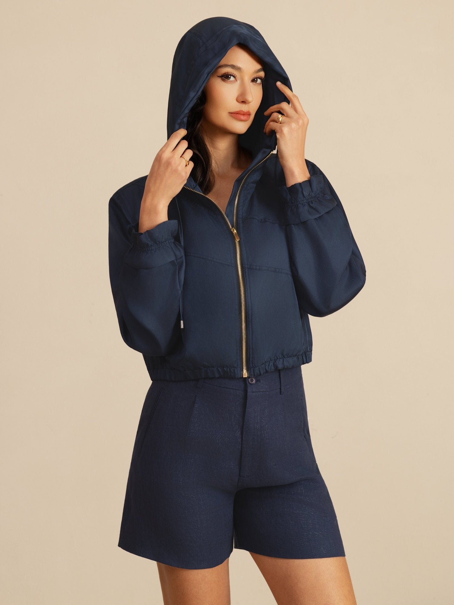 [BleuFoncé] SilkSilky-FR 18Momme Manches longues Col Haut Femme Manteaux 001