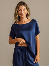 [Bleu Foncé] SilkSilky-FR 19Momme Manches courtes Femme Pyjamas 005