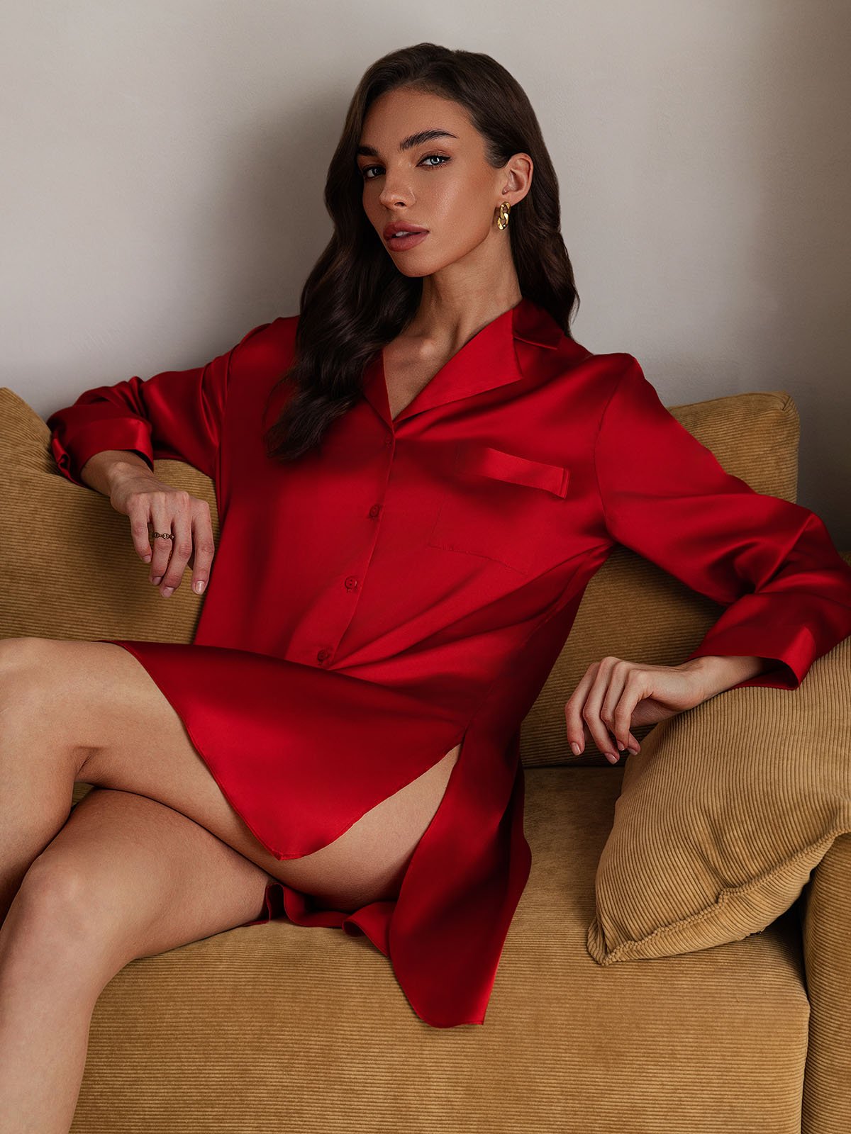 [Rouge] SilkSilky-FR Soie Col Chemise Chemises de nuit 008