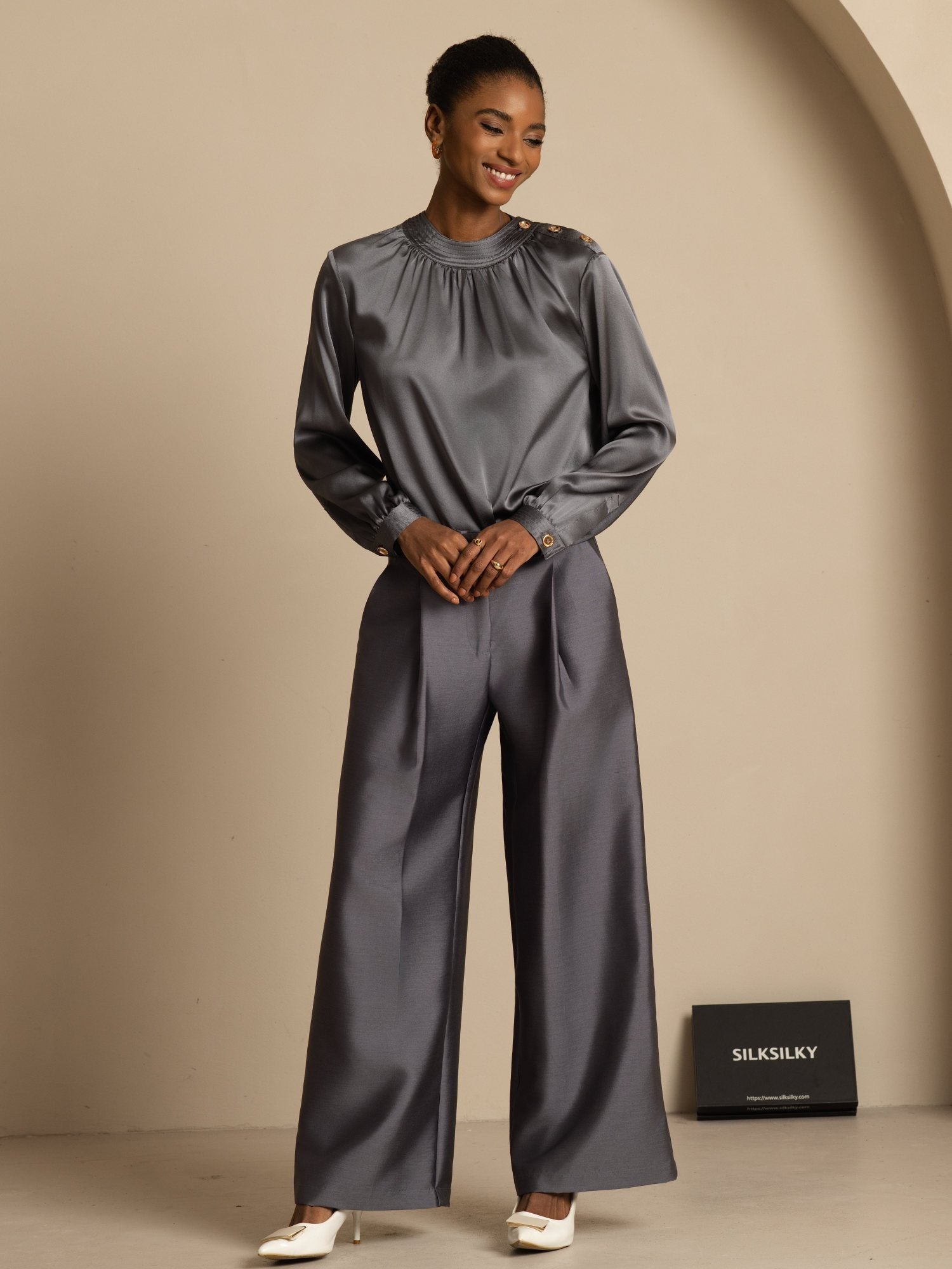 [GrisFoncé] SilkSilky-FR 19Momme Soie Manches longues Col Rond Blouse 008