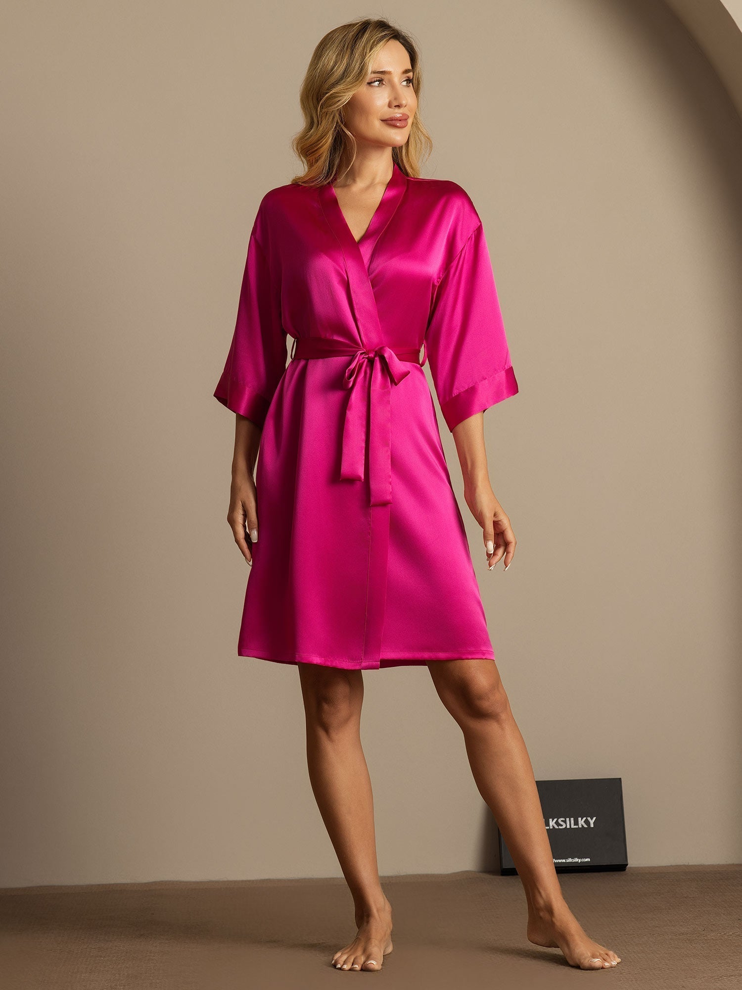 [Rose Rouge] SilkSilky-FR Pure Soie Womens Robe 006,