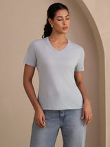 [Bleu Grisâtre] SilkSilky-FR Short Sleeve V Neck Femme T-Shirt 001