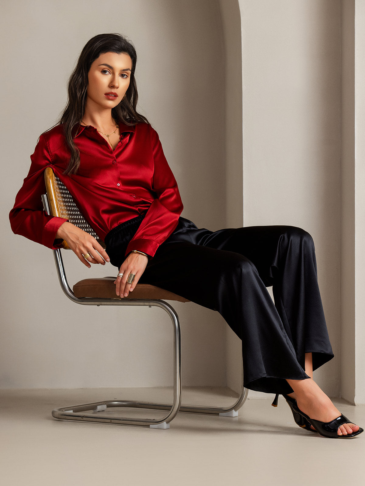 [Rouge] SilkSilky-FR Soie Col Chemise Femme Chemise 006