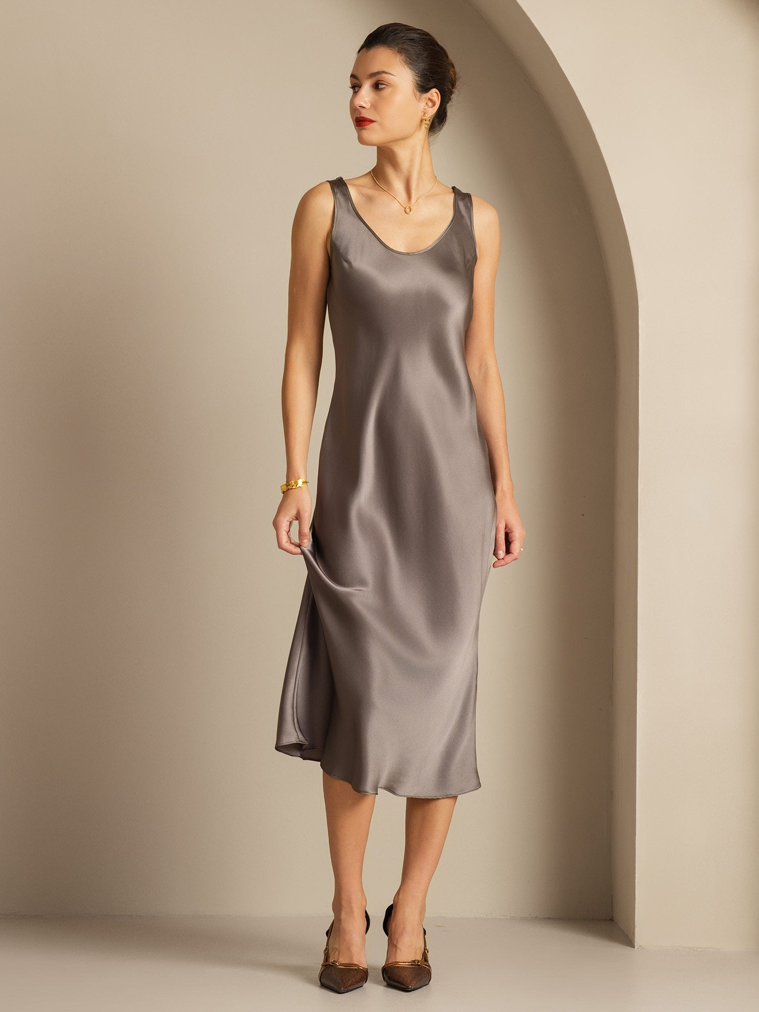 [Kaki Foncé] SilkSilky-FR Pure Soie Col Bateau Robes 005,