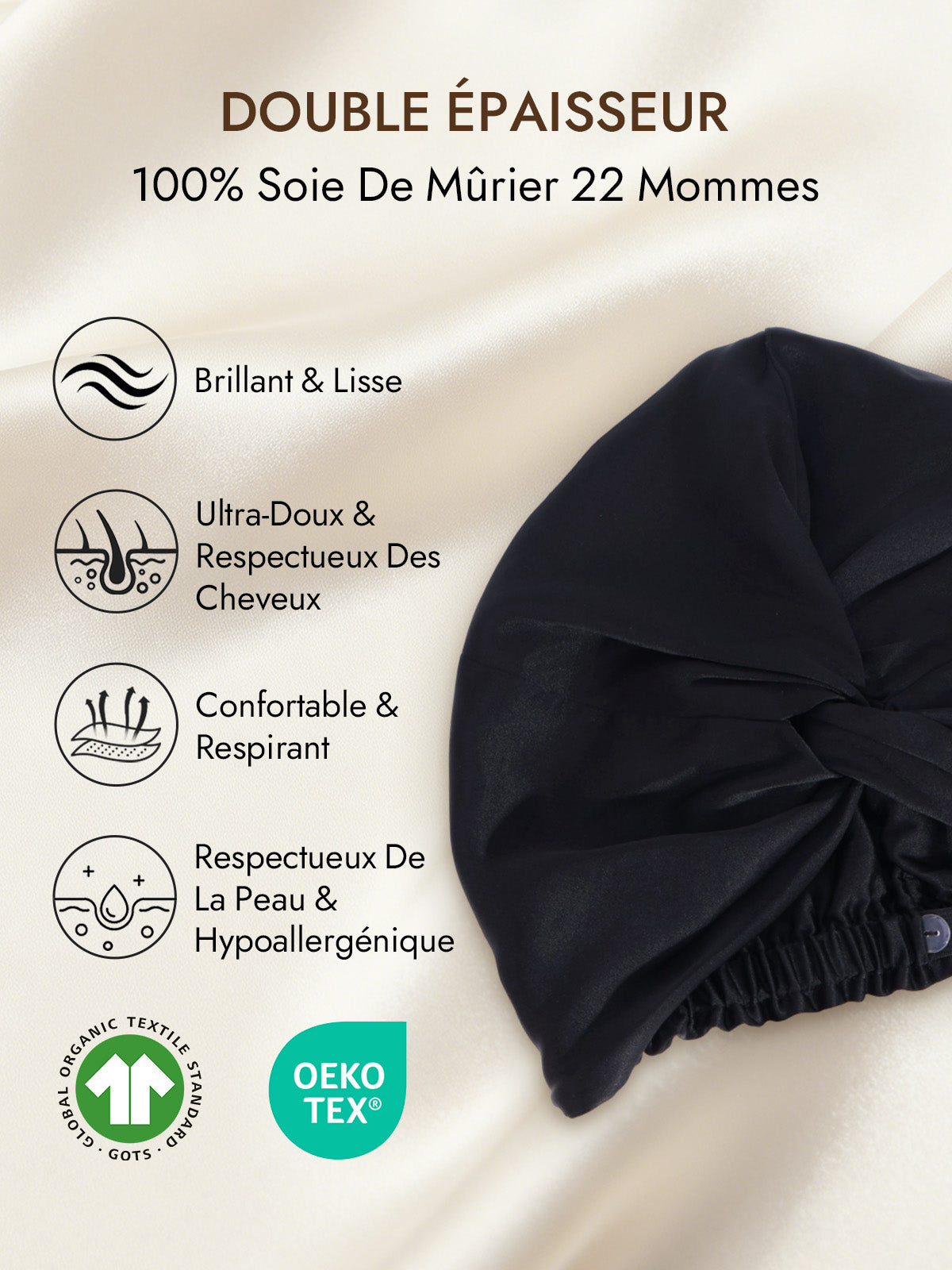 [Noir] SilkSilky-FR 22Momme Pure Soie Sleep Cap 002