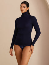 [Bleu Foncé] SilkSilky-FR Long Sleeve Turtle Neck Femme T-Shirt 007