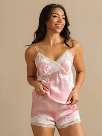 Short soie rose bordure dentelle ivoire élastiqué