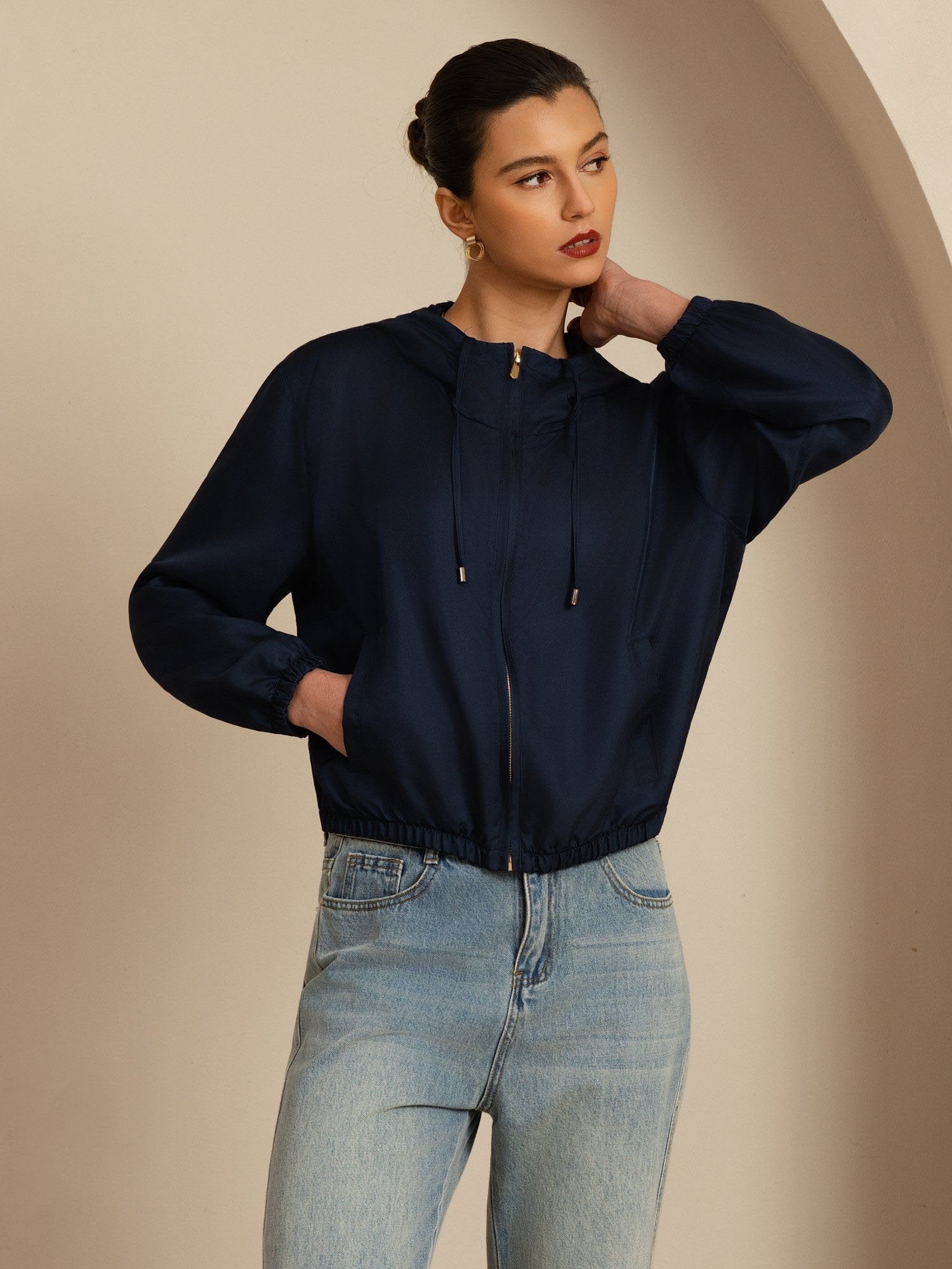 [BleuFoncé] SilkSilky-FR 18Momme Manches longues Col Montant Femme Manteaux 001