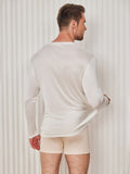 SilkSilky FR Soie Tricotée Manches longues Col en V Homme T Shirt Blanc 002