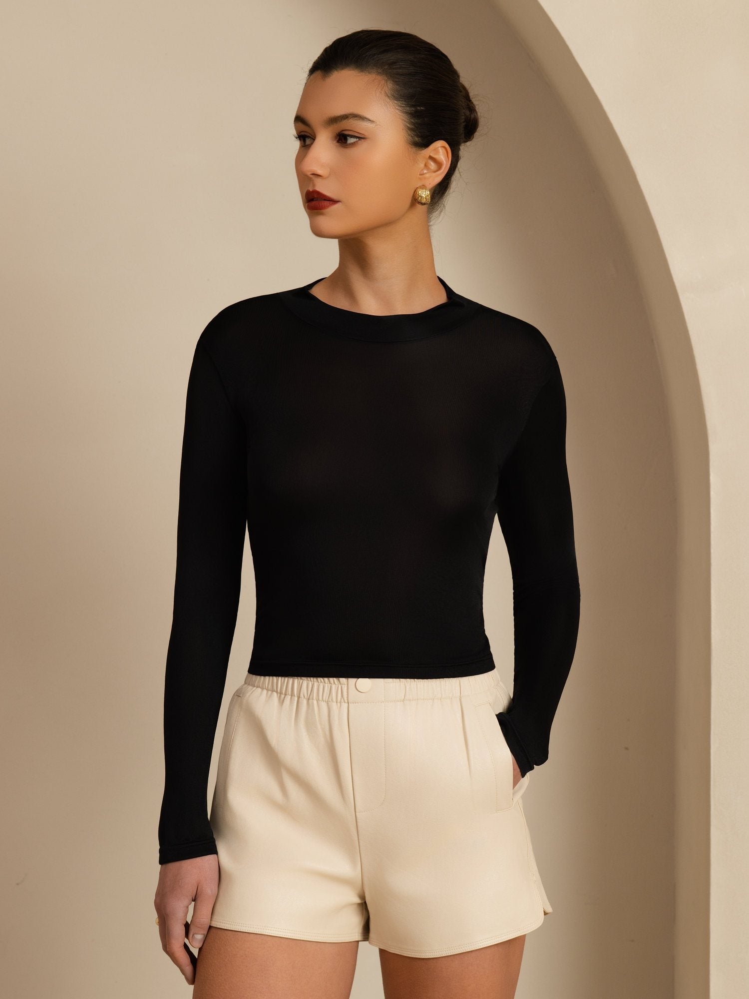 [Noir] SilkSilky-FR Manches longues Col Mock Femme T-Shirt 004