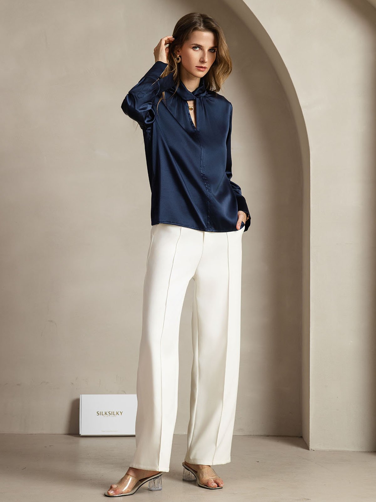 [BleuFoncé] SilkSilky-FR 19Momme Soie Womens Shirt 007