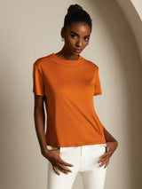 [Orange] SilkSilky-FR 100% Silk Jersey Short Sleeve Mock Neck Femme T-Shirt 004