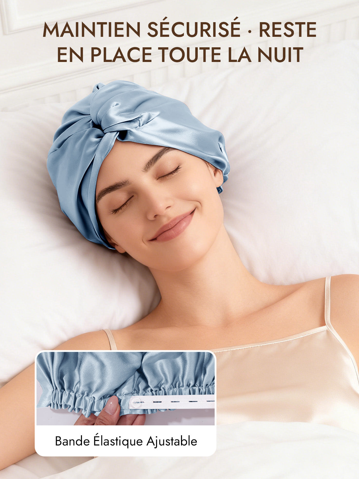 [Bleu Acier] SilkSilky-FR 22Momme Pure Soie Sleep Cap 004