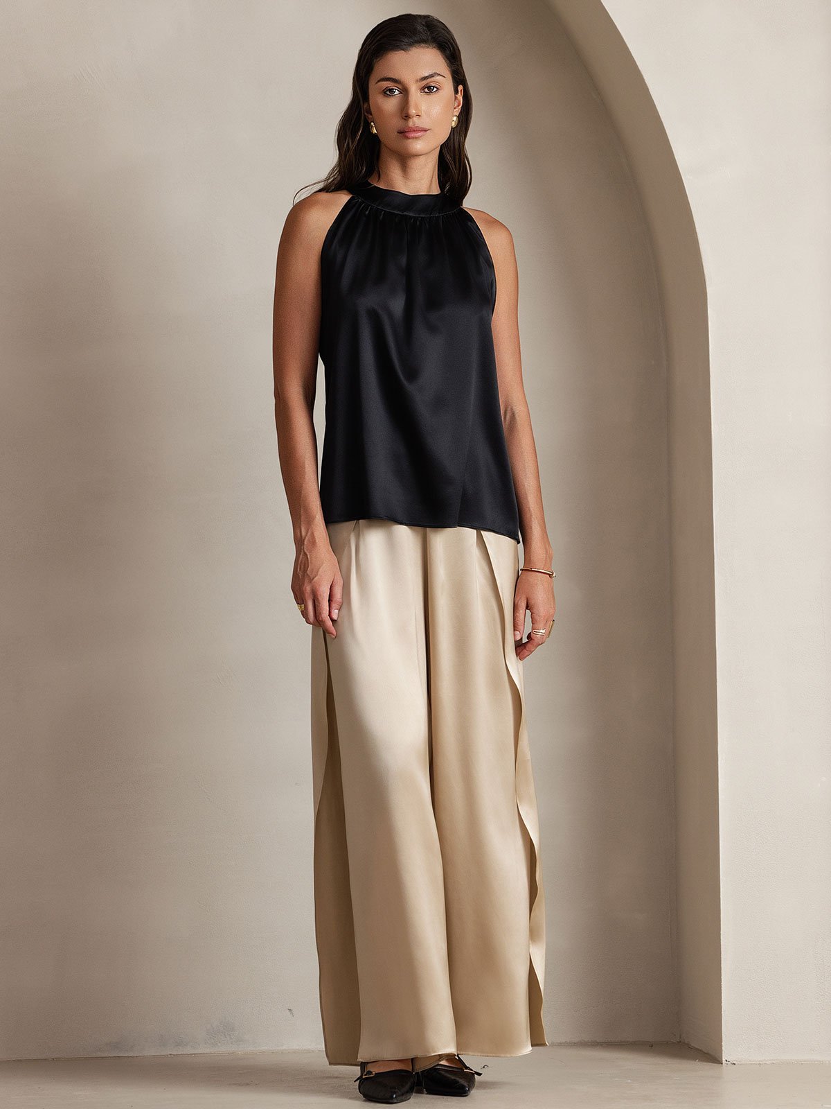 [Noir] SilkSilky-FR 19Momme Soie Sans manches Womens T-Shirt 001