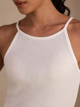 [Blanc] SilkSilky-FR Sleeveless Crew Neck Top À Fines Brides 005