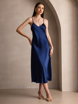 [Bleu Foncé] SilkSilky-FR Sleeveless V Neck Robes 001