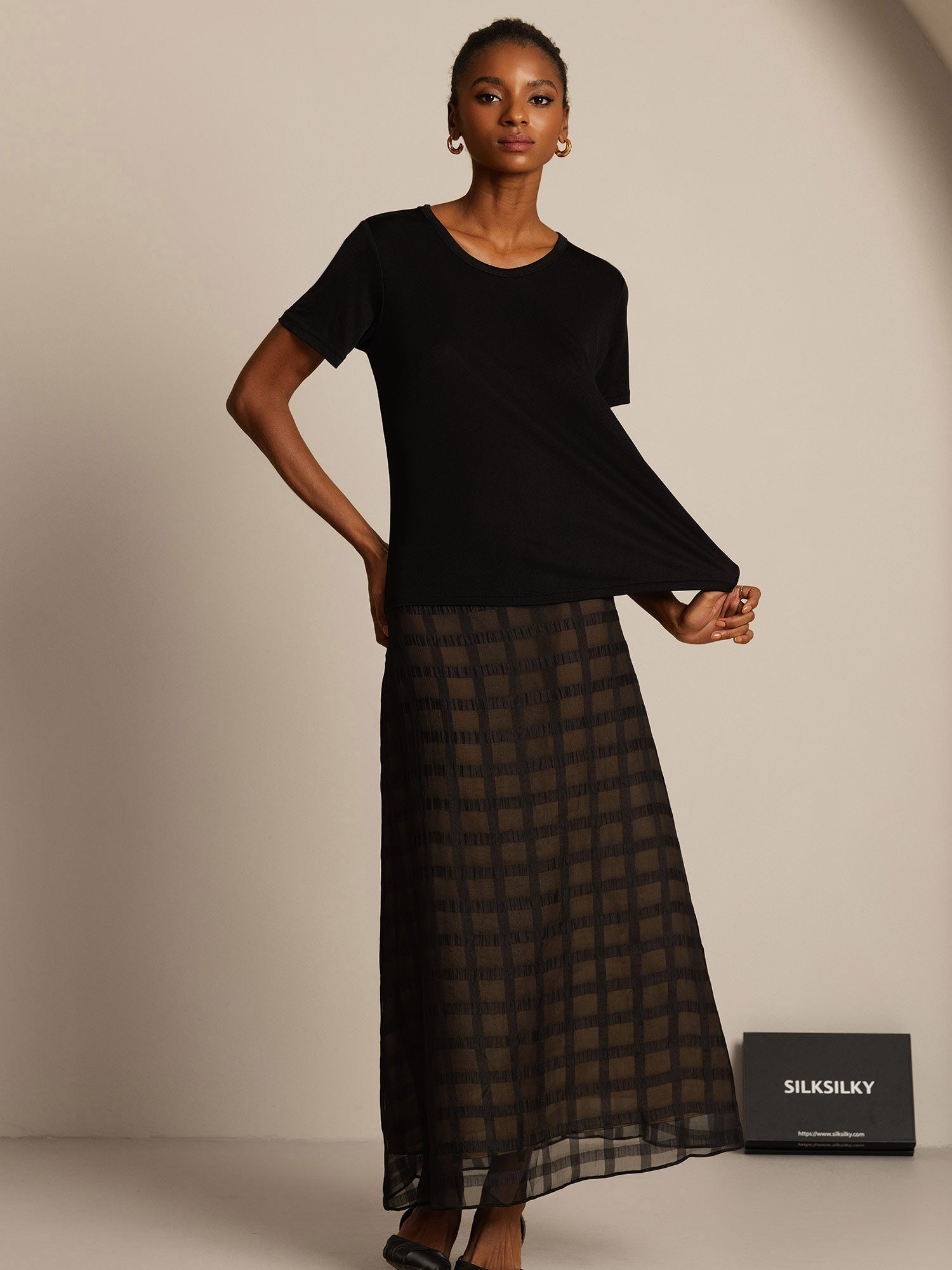 [Noir] SilkSilky-FR Soie Tricotée Col Rond Femme T-Shirt 008,