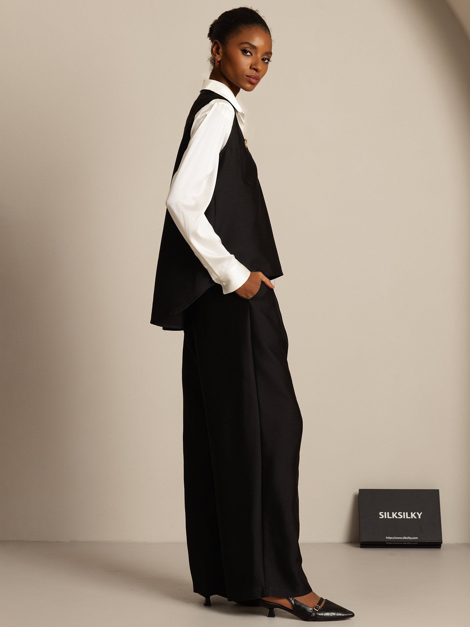 [Noir] SilkSilky-FR 32Momme Soie Womens Vest 007,