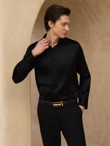 [Noir] SilkSilky-FR 19Momme Manches longues Col à Revers Homme Chemise 005