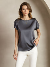 [Gris Foncé] SilkSilky-FR Short Sleeve Boat Neck Femme T-Shirt 004