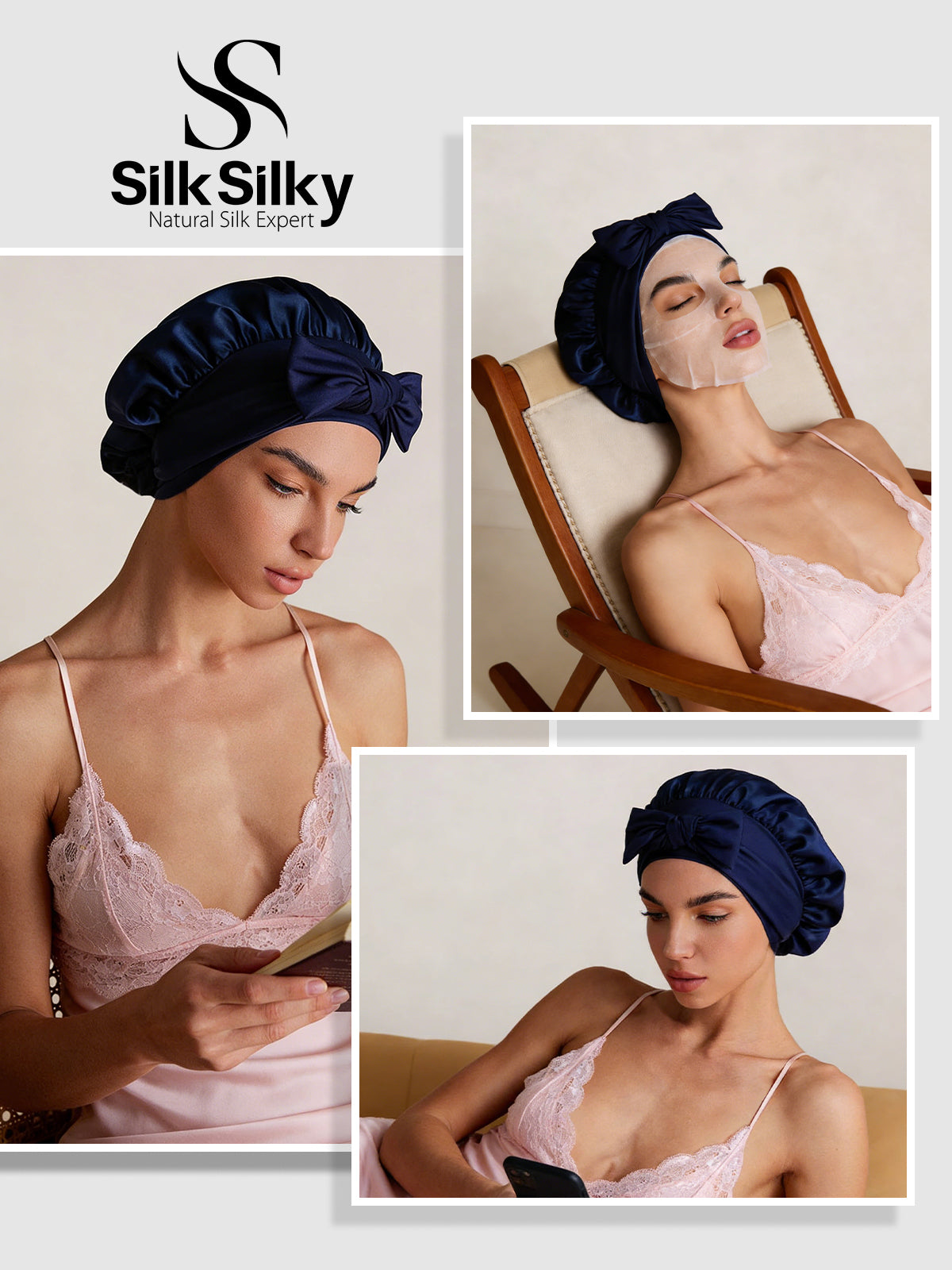 [Bleu Foncé] SilkSilky-FR Soie Sleep Cap 005