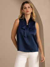 [Bleu Foncé] SilkSilky-FR Sleeveless Tie Neck Top À Fines Brides 001