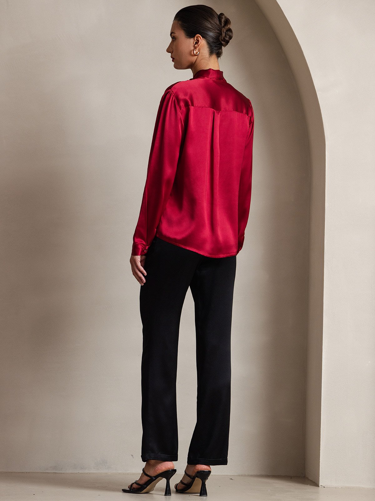 [Rouge Vineux] SilkSilky-FR 19Momme Manches longues À Nouer Blouse 004