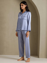 [Bleu Acier] SilkSilky-FR Long Sleeve Lapel Collar Femme Pyjamas 006
