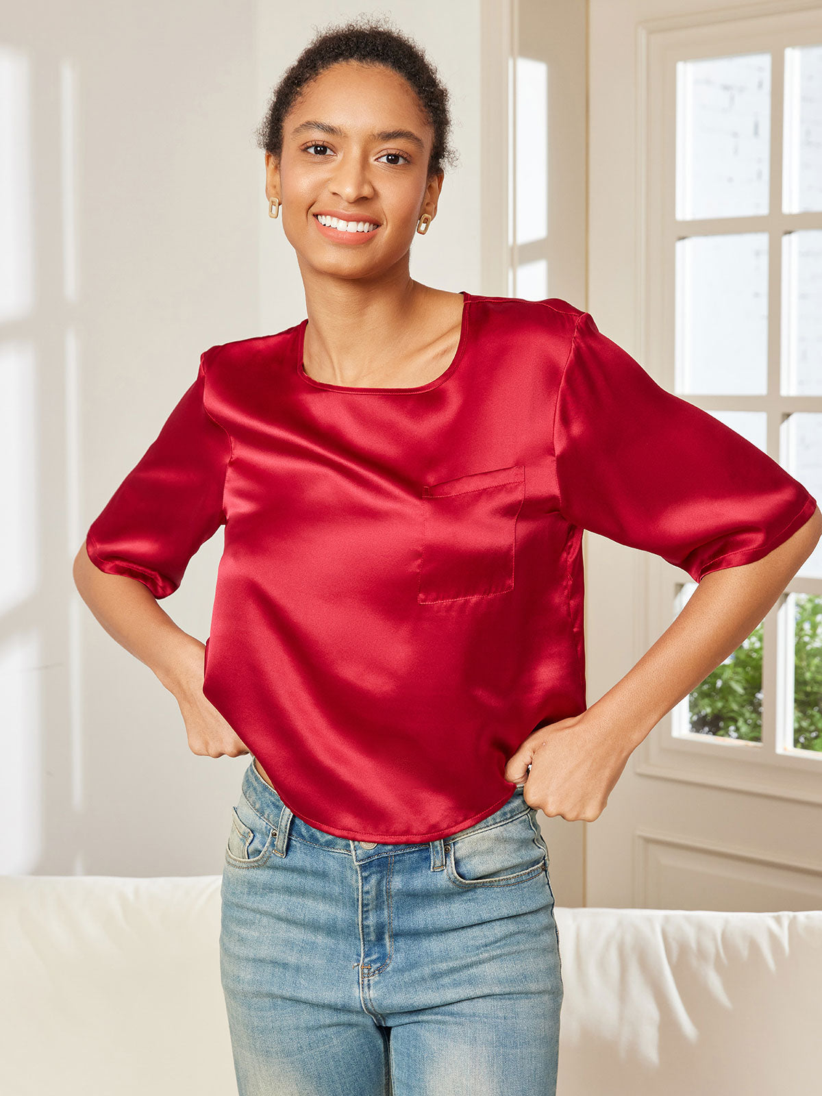 [Rouge Foncé] SilkSilky-FR Pure Soie Manches mi-longues Col Bateau Femme T-Shirt 006