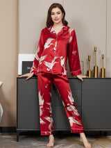 [Rouge Foncé] SilkSilky-FR Long Sleeve Lapel Collar Femme Pyjamas 003