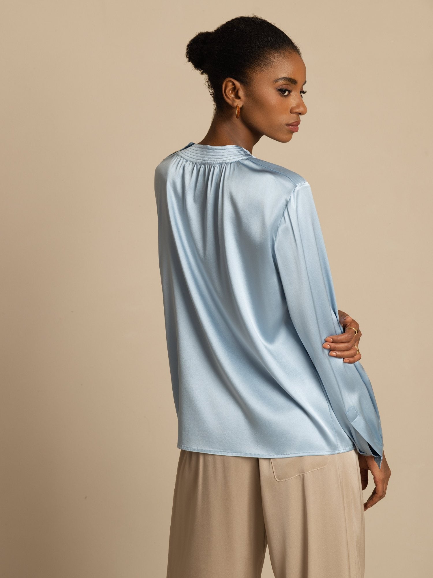 [BleuGrisâtre] SilkSilky-FR 19Momme Soie Manches longues Col Rond Blouse 002