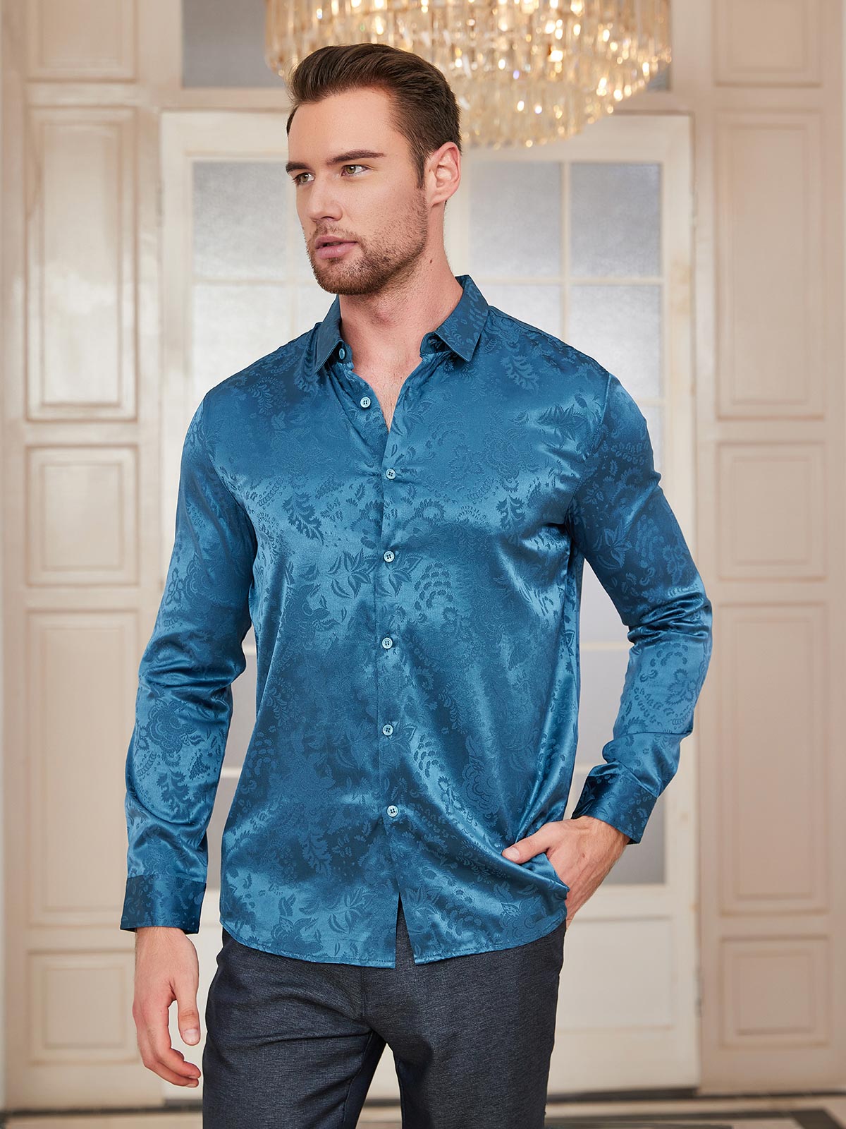 SilkSilky FR Soie Manches longues Col Chemise Homme Chemise BleuRoyal 003