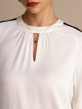 [Blanc] SilkSilky-FR Long Sleeve Keyhole Neck Blouse 006