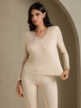 [Beige] SilkSilky-FR Long Sleeve V Neck Sous Vêtements Longs Femme 003