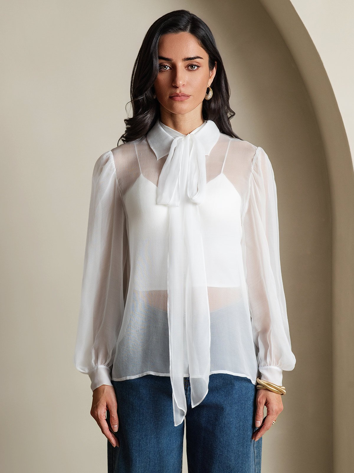 SilkSilky-FR Soie Manches longues Nœud à l'encolure Femme Chemise Blanc 005