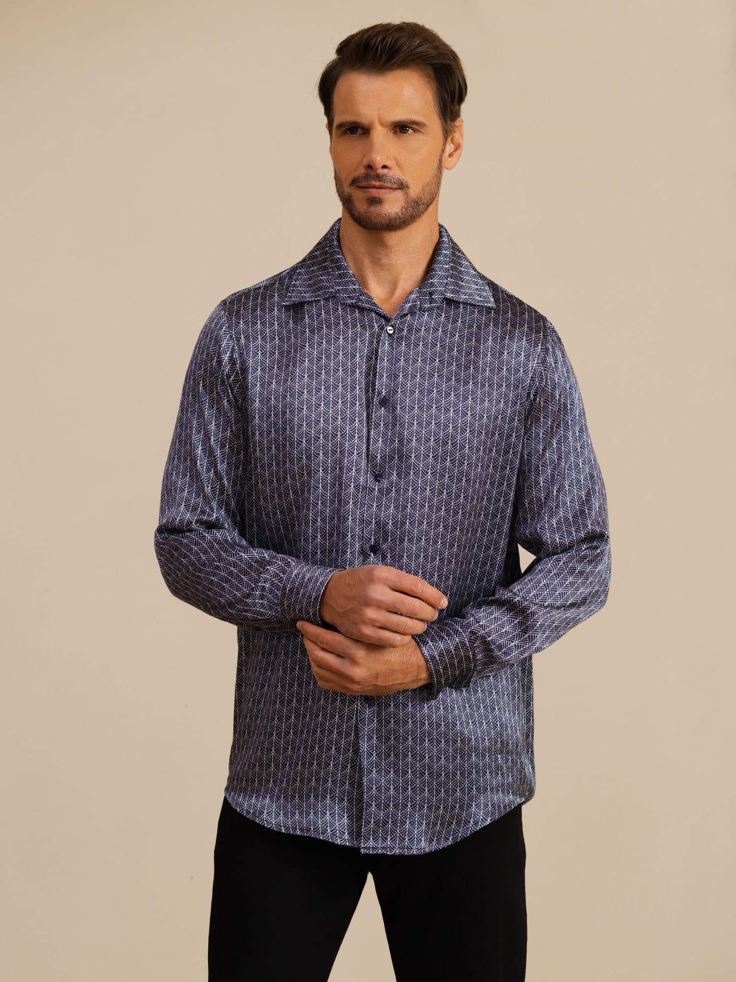 [Ginkgo Marine] SilkSilky-FR Manches longues Col à Revers Homme Chemise 003