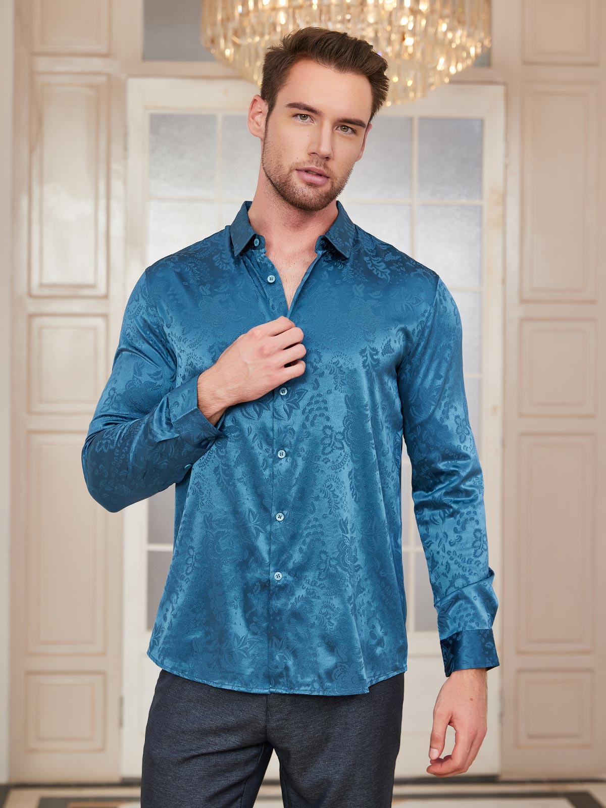 SilkSilky FR Soie Manches longues Col Chemise Homme Chemise BleuRoyal 001