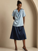 [Bleu Grisâtre] SilkSilky-FR Short Sleeve Cowl Neck Blouse 007