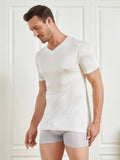 SilkSilky-FR Soie Tricotée Manches courtes Col en V Homme T-Shirt Blanc 004