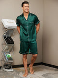 SilkSilky FR Pure Soie Manches courtes Revers Homme Pyjamas Vert 003