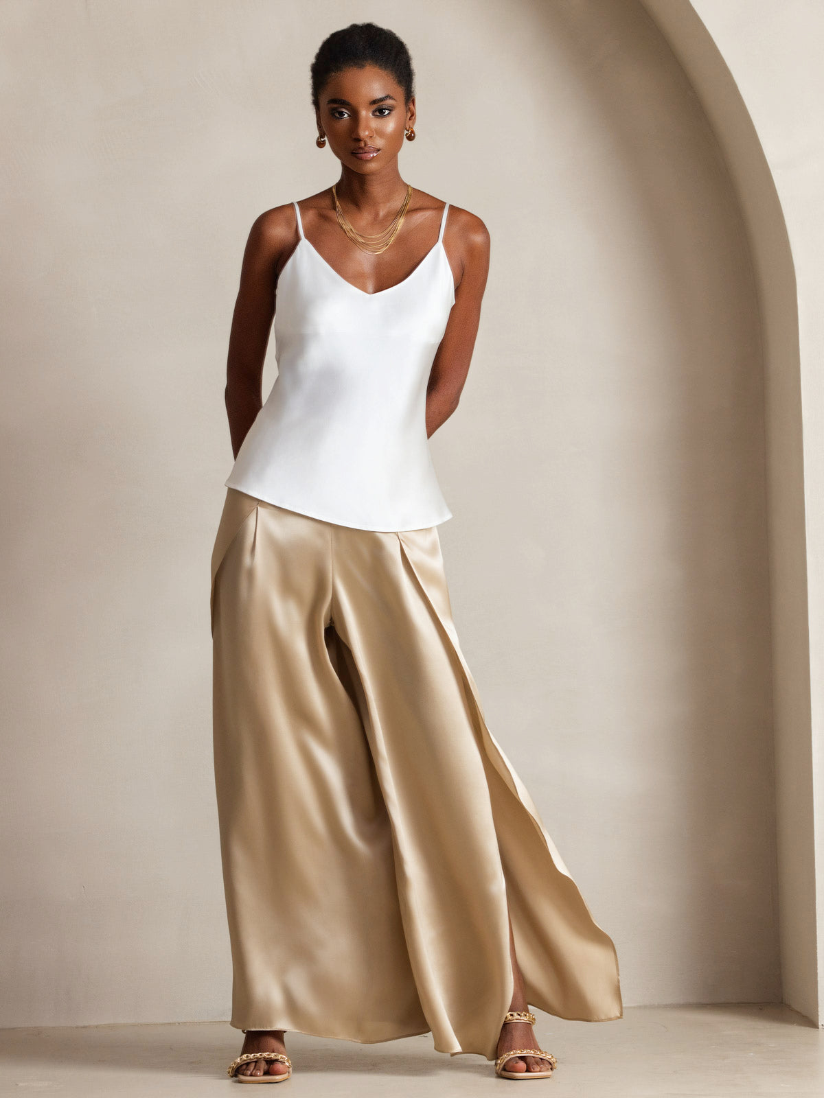 [Blanc] SilkSilky-FR Pure Soie Col en V Top À Fines Brides 001