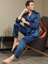 [Bleu Foncé] SilkSilky-FR Pure Soie Manches longues Revers Homme Pyjamas 002