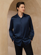 [Bleu Foncé] SilkSilky-FR 19Momme Manches longues Col à Revers Homme Chemise 003