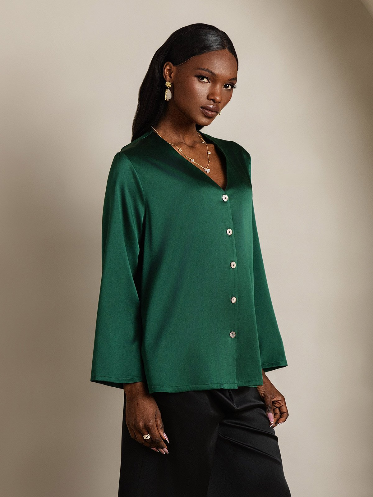 [Vert Foncé] SilkSilky-FR 19Momme Soie Col en V Femme Chemise 006