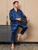 [Bleu Foncé] SilkSilky-FR Manches longues Col Cranté Homme Pyjamas 001